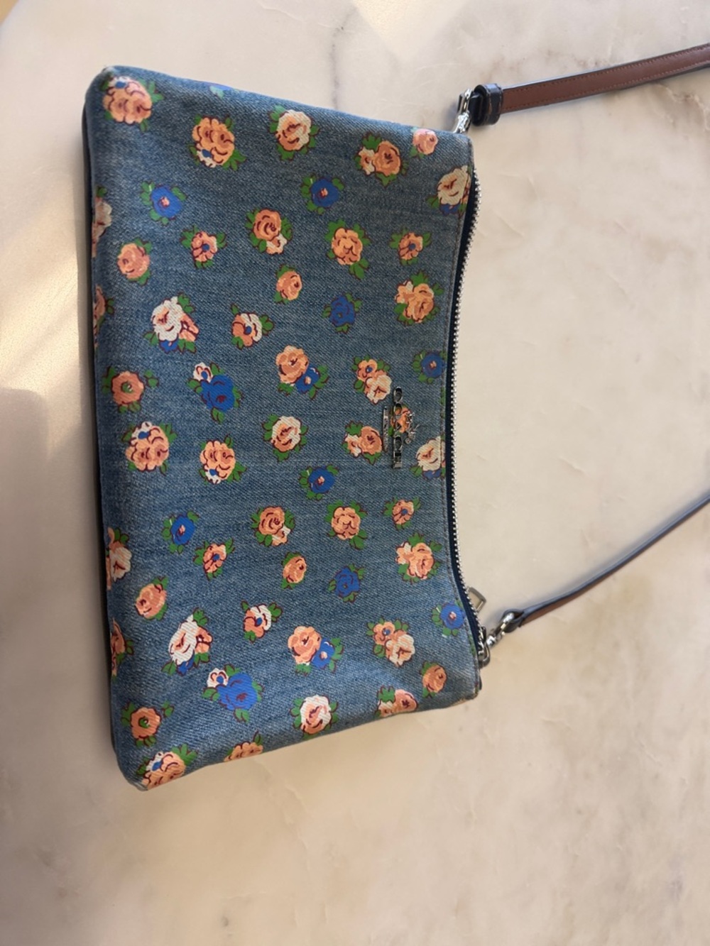 Coach Blue Floral Crossbody with Peach Flower Print